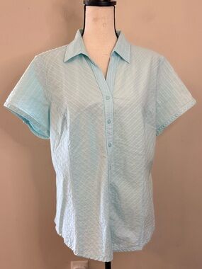 Columbia teal blue V neck top floral texture stripes SZ XL